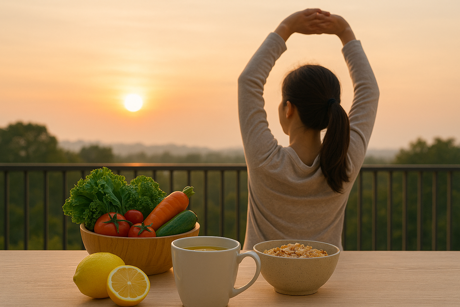 Mulher se alongando ao amanhecer em uma varanda com vista natural — hábitos saudáveis e bem-estar.