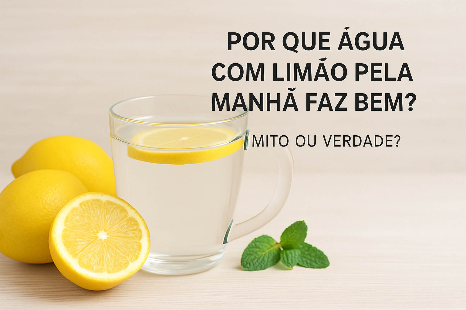 Copo de água com limão em cima da mesa pela manhã, representando hábitos saudáveis