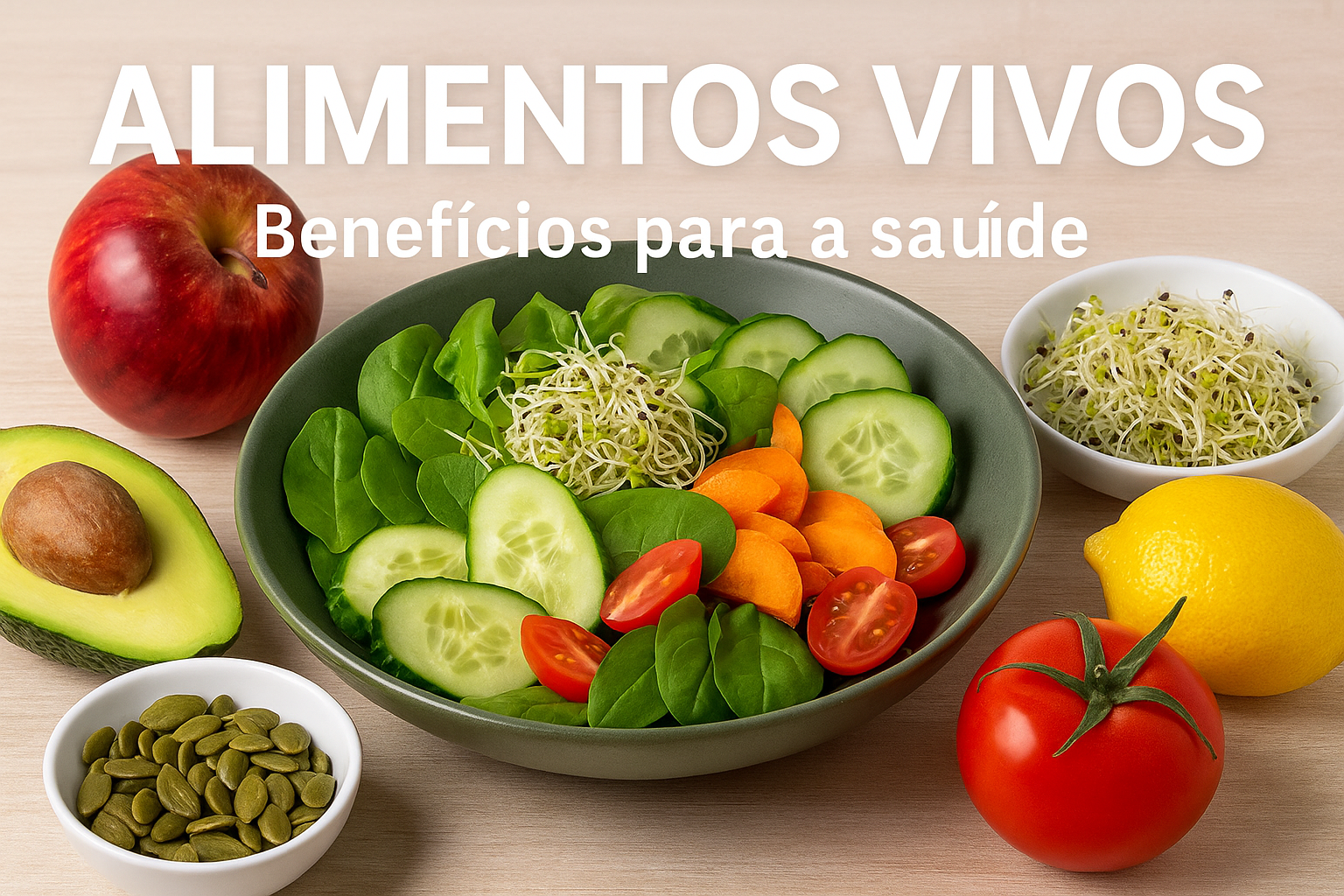Prato saudável com alimentos vivos frescos e coloridos, ideal para uma dieta natural